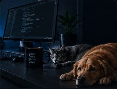 Desk with a cat and a dog